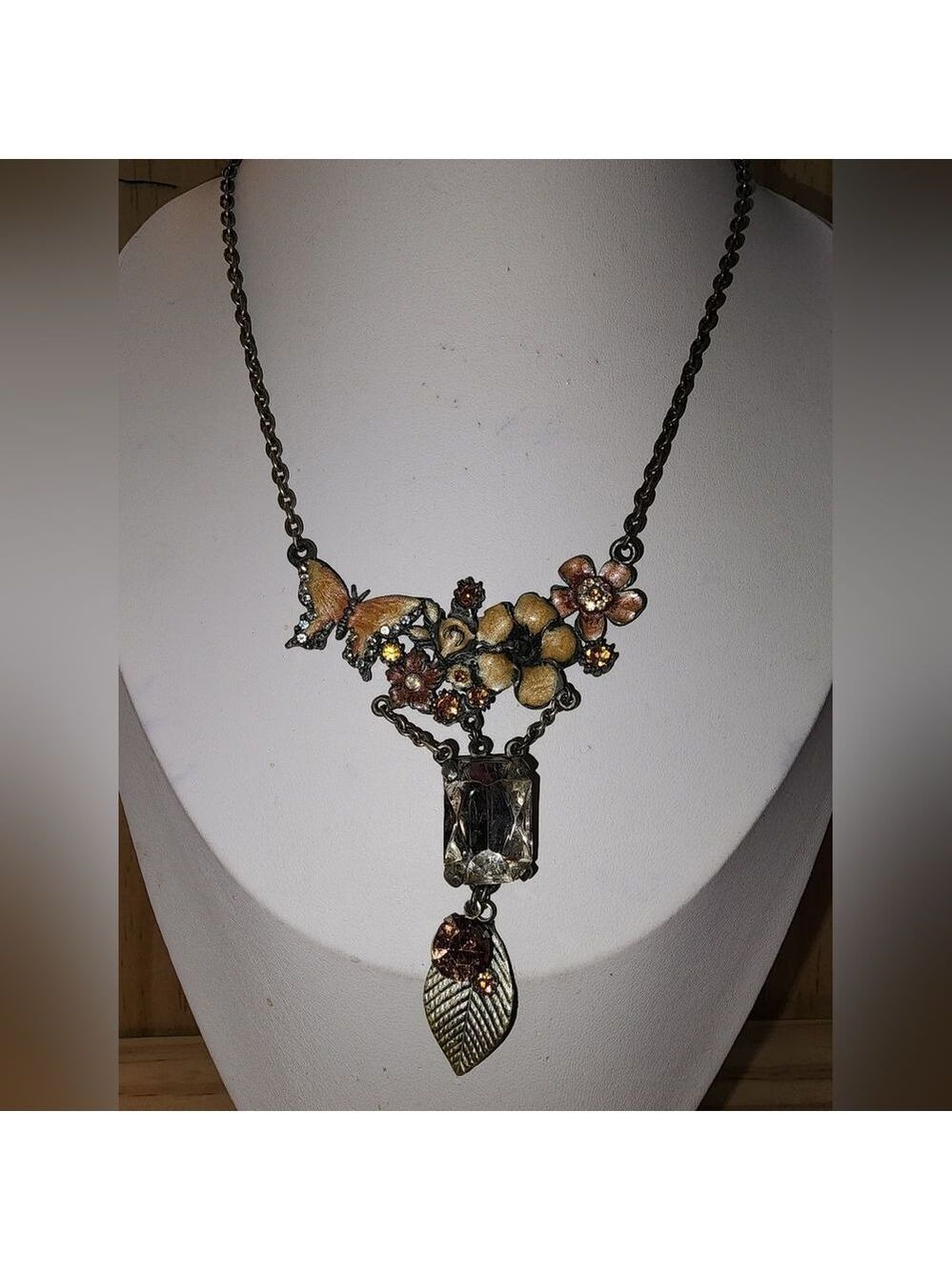 Floral Butterfly Necklace with Gold and Brown Accents 14"+2"
